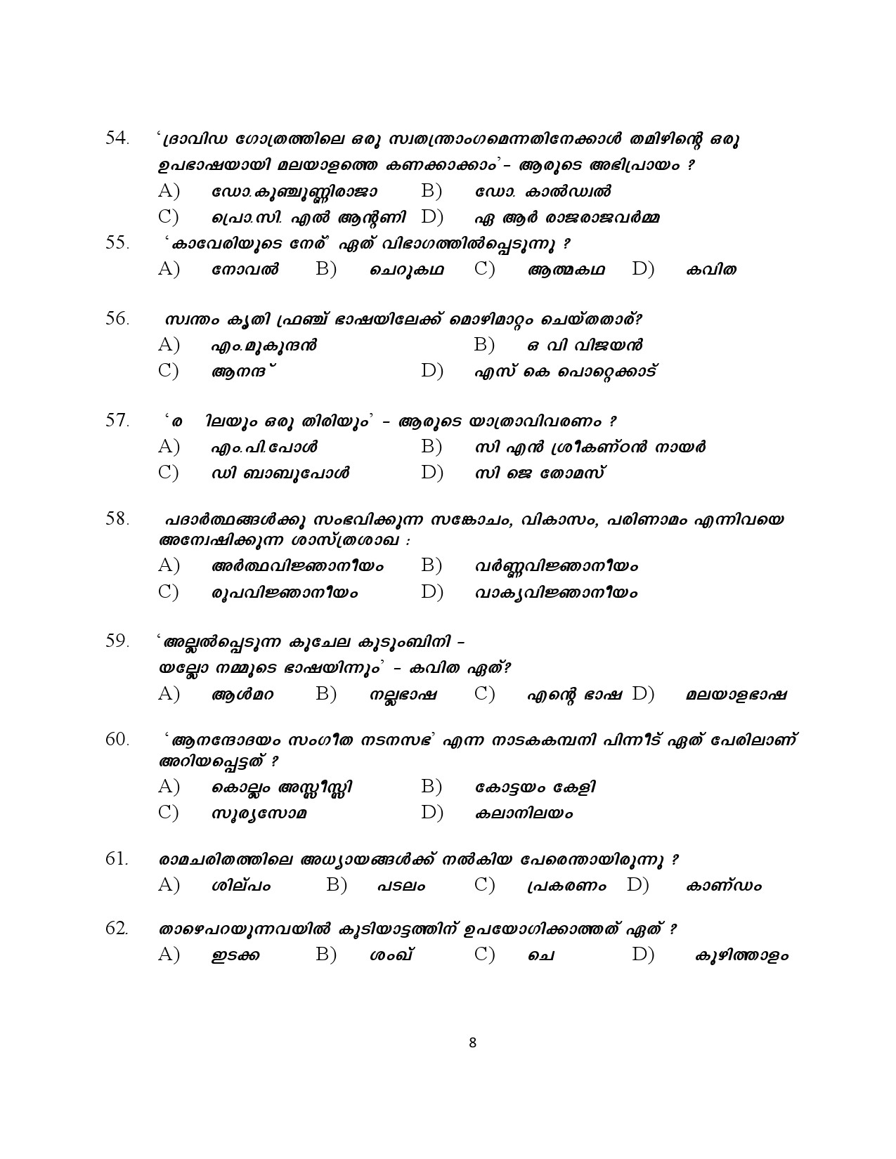 Kerala SET Malayalam Exam Question Paper January 2024 8