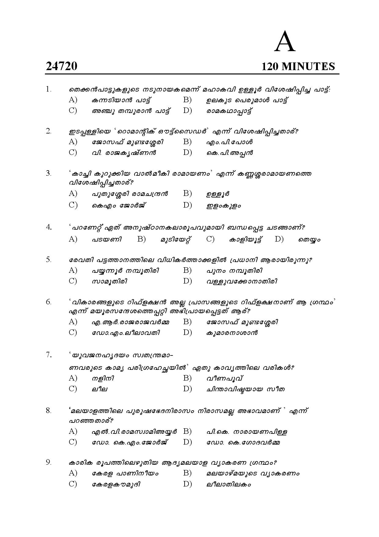 Kerala SET Malayalam Exam Question Paper July 2024 1