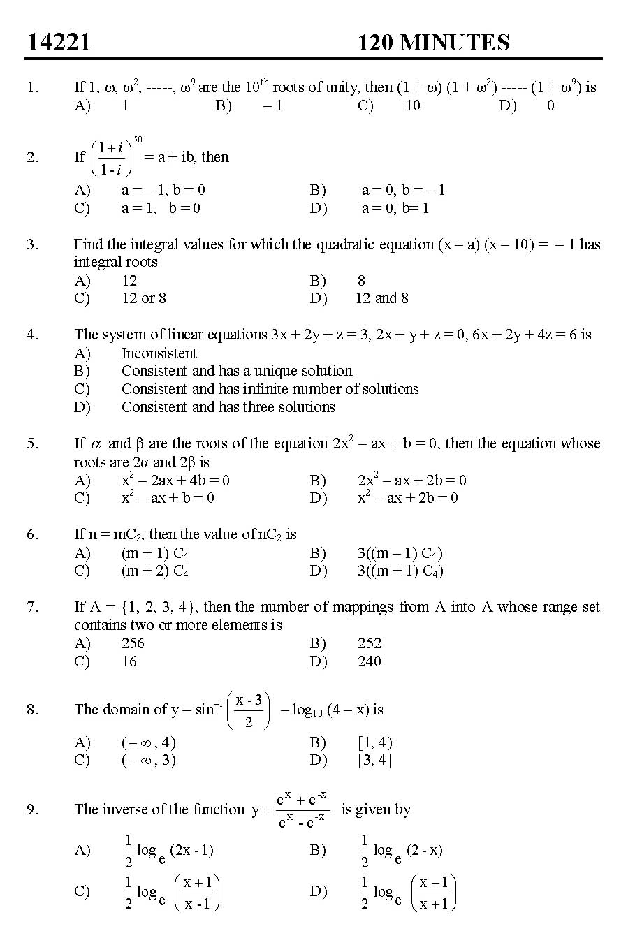 Kerala SET Mathematics Exam 2014 Question Code 14221 1