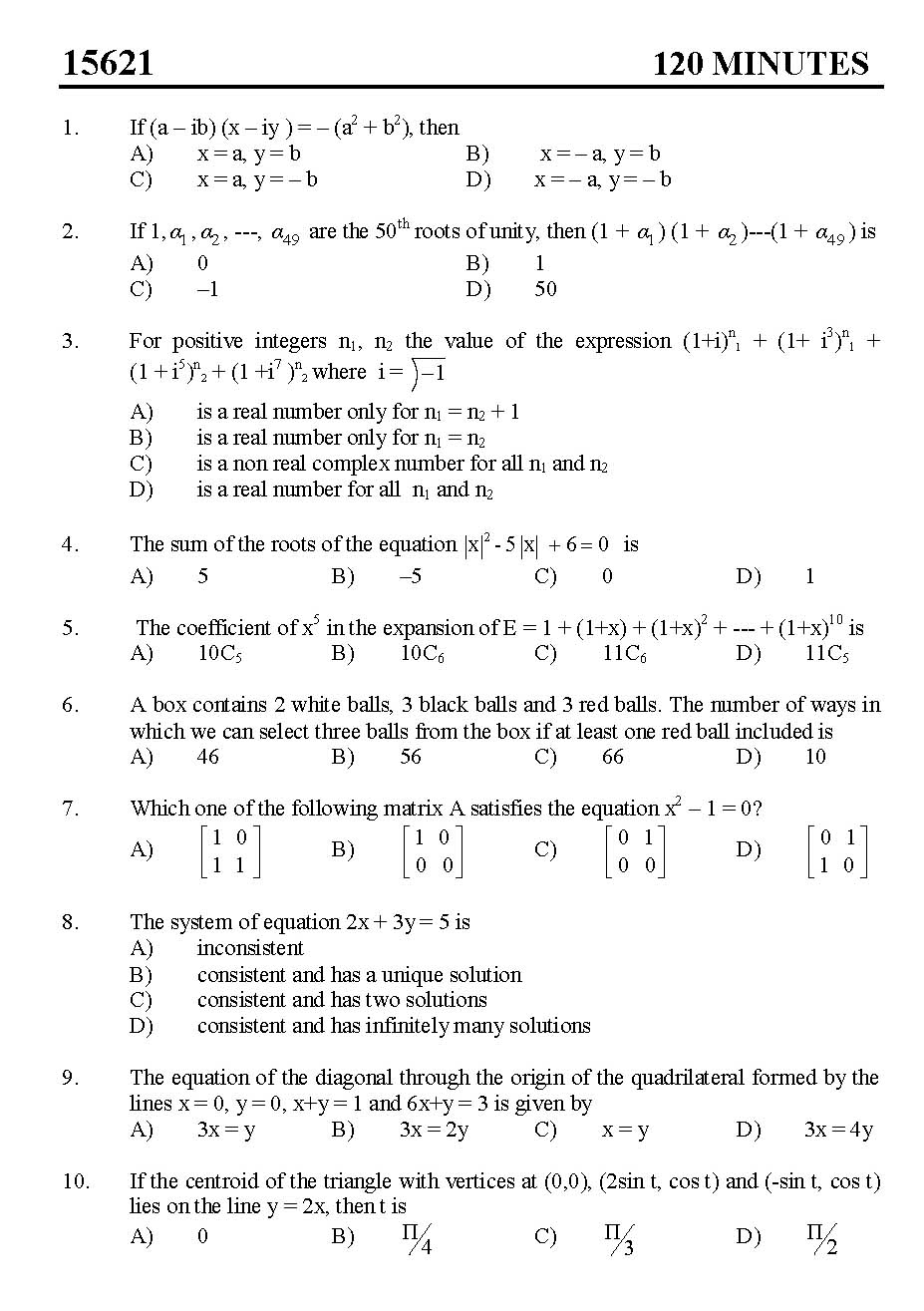 Kerala SET Mathematics Exam 2015 Question Code 15621 1