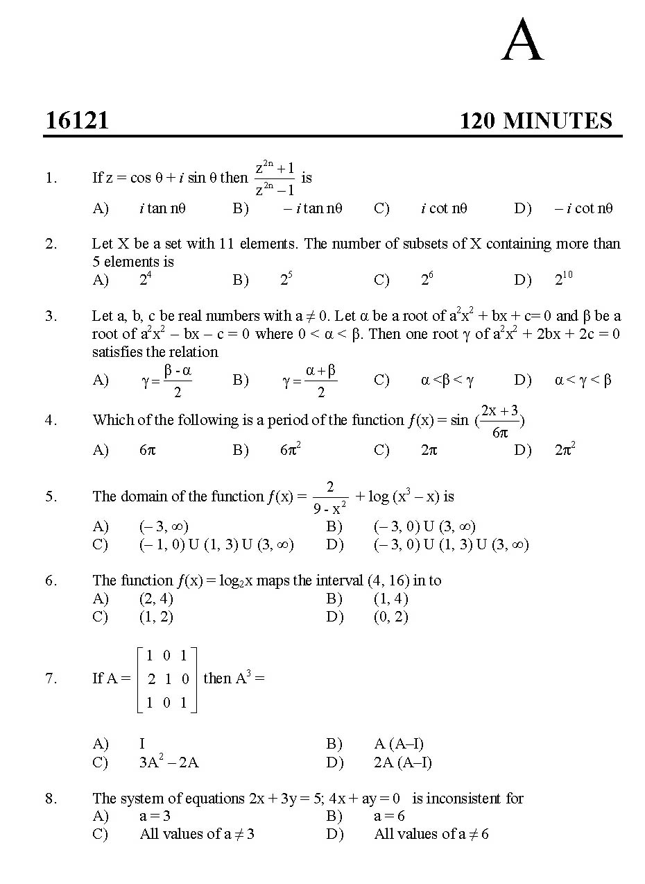 Kerala SET Mathematics Exam 2016 Question Code 16121 A 1