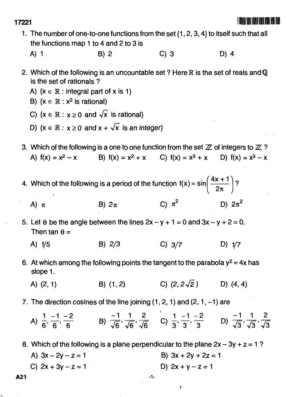 Kerala SET Mathematics Exam 2017 Question Code 17221 A 1