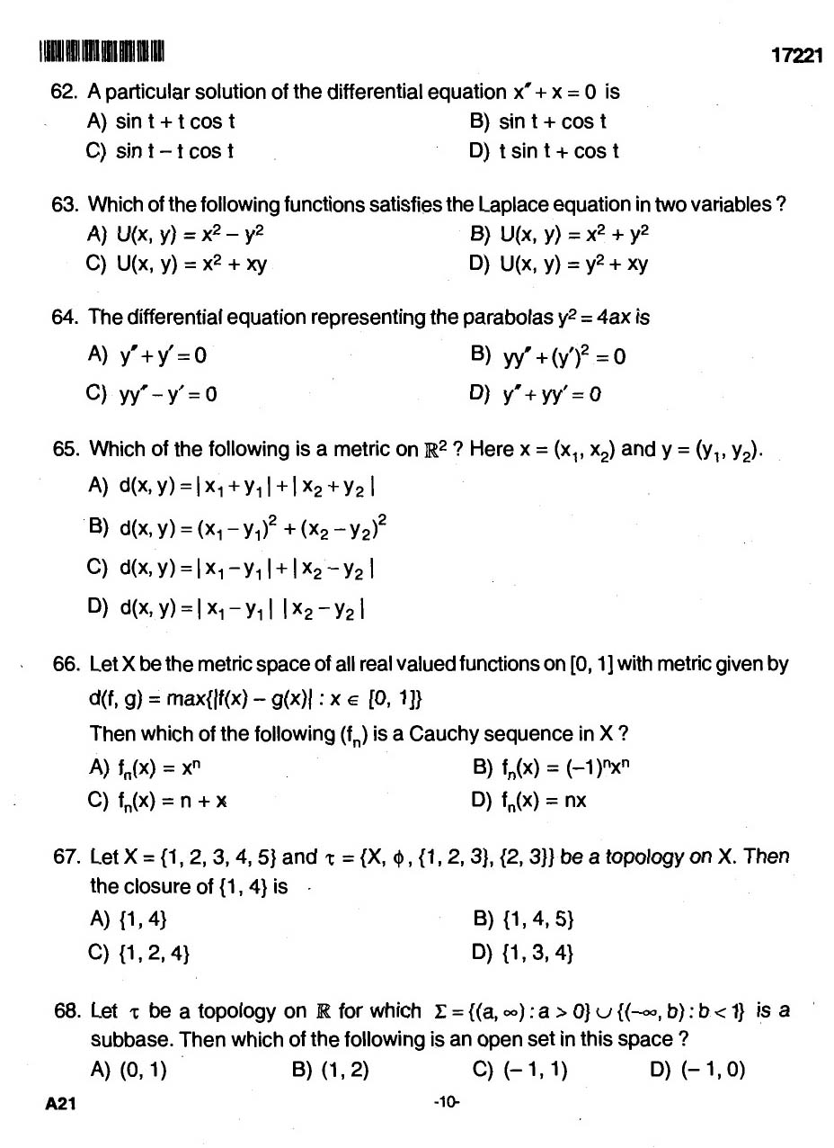 Kerala SET Mathematics Exam 2017 Question Code 17221 A 10