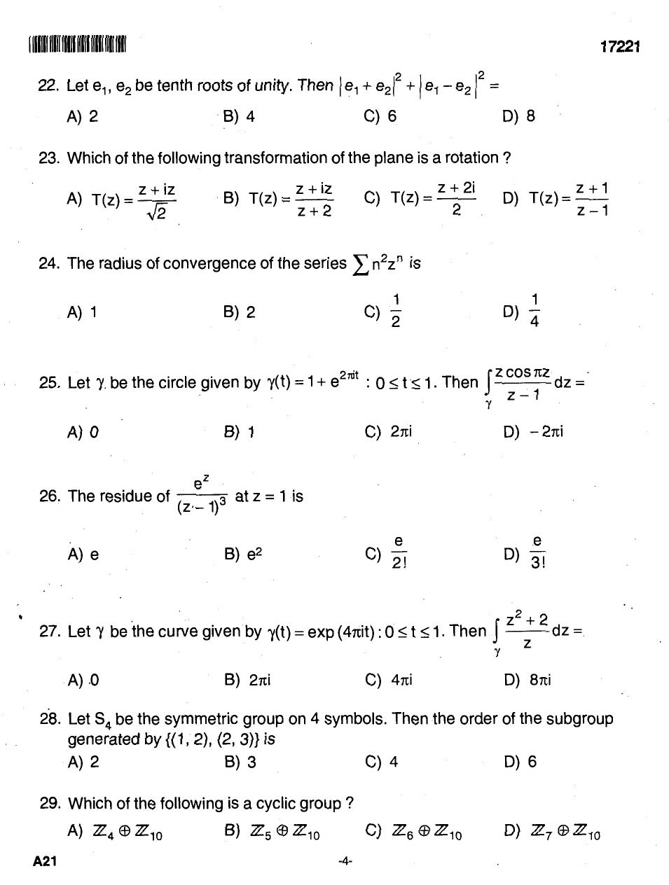 Kerala SET Mathematics Exam 2017 Question Code 17221 A 4