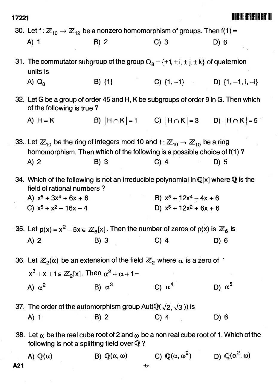 Kerala SET Mathematics Exam 2017 Question Code 17221 A 5