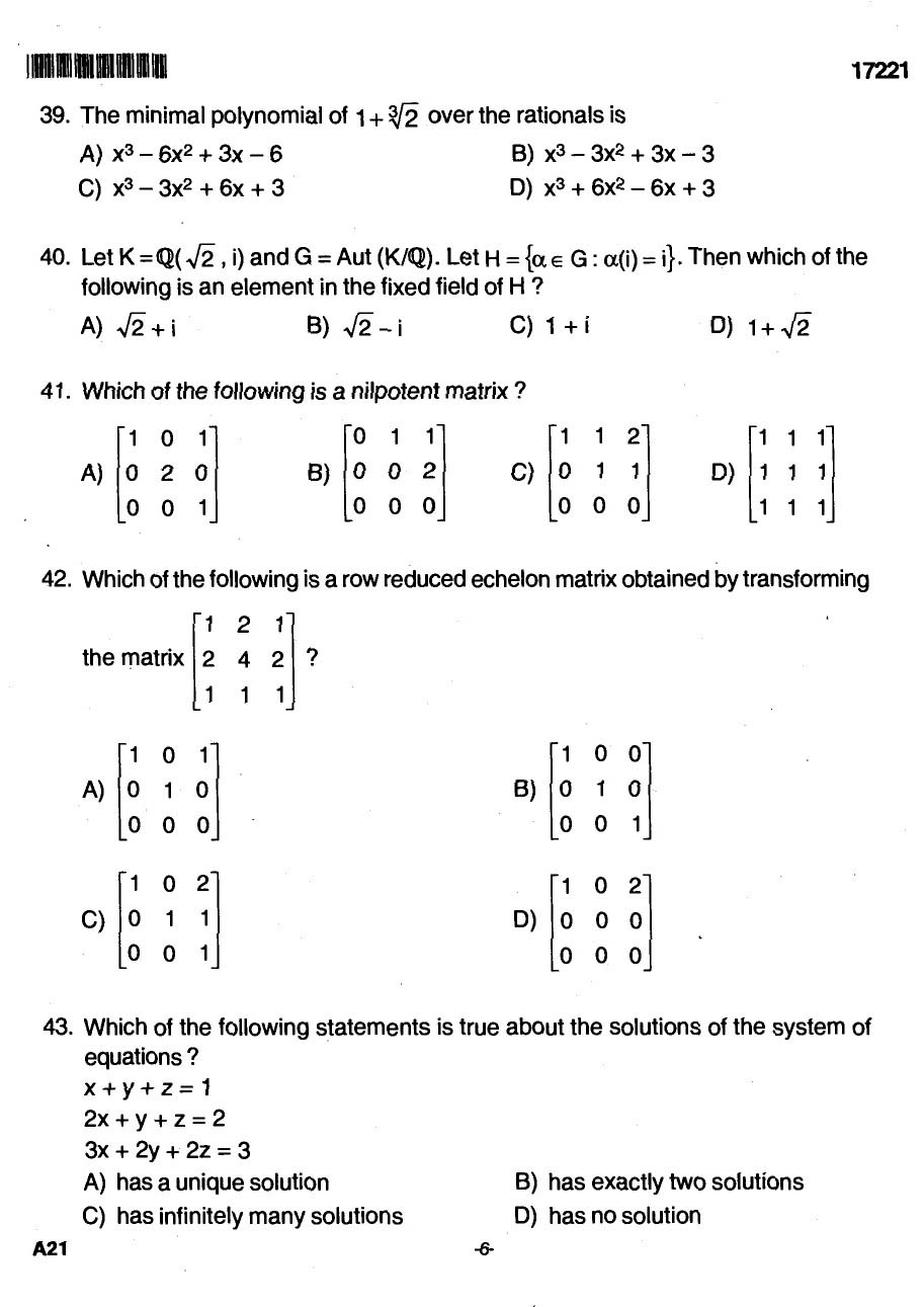 Kerala SET Mathematics Exam 2017 Question Code 17221 A 6