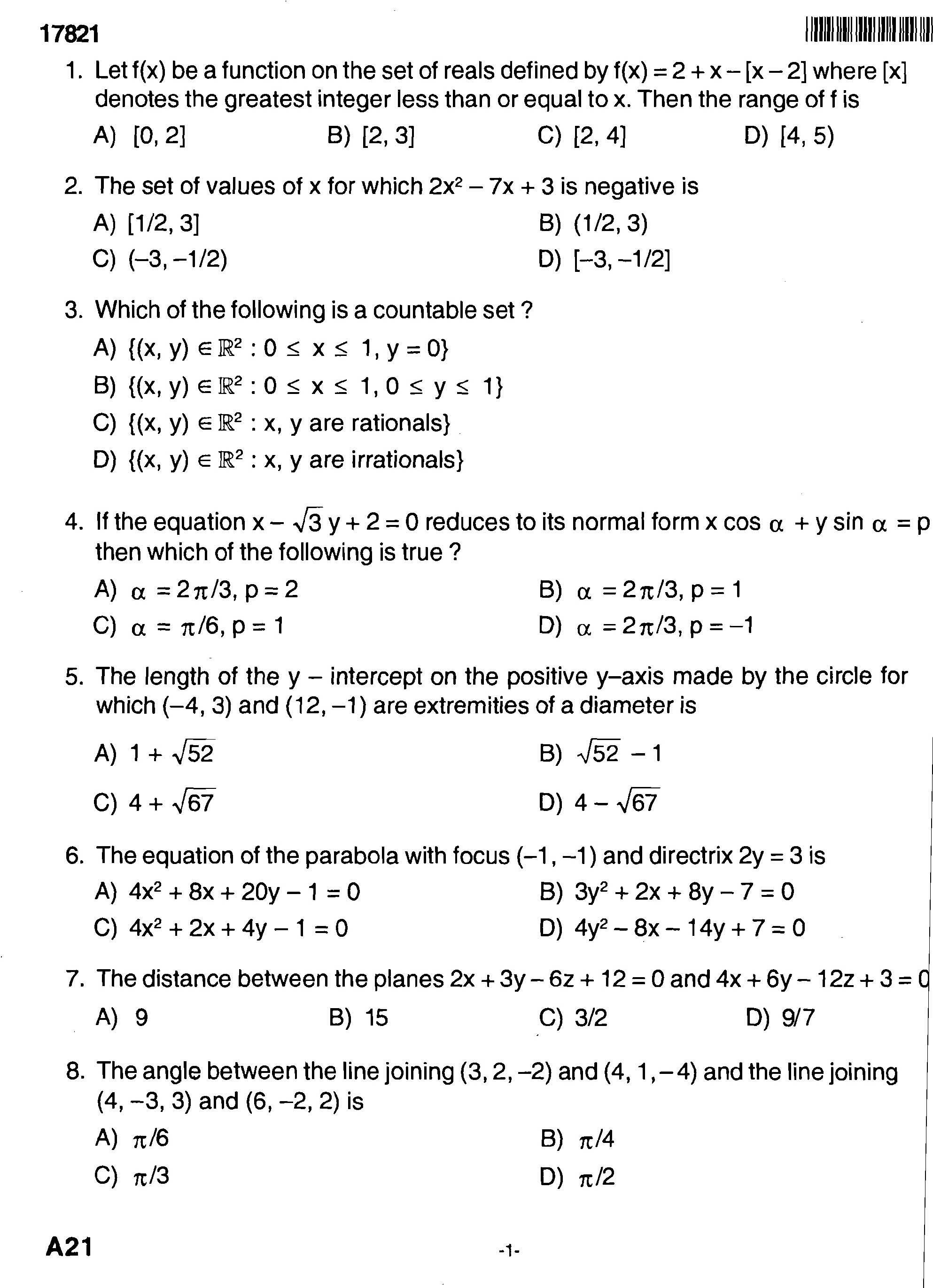Kerala SET Mathematics Exam 2017 Question Code 17821 A 1