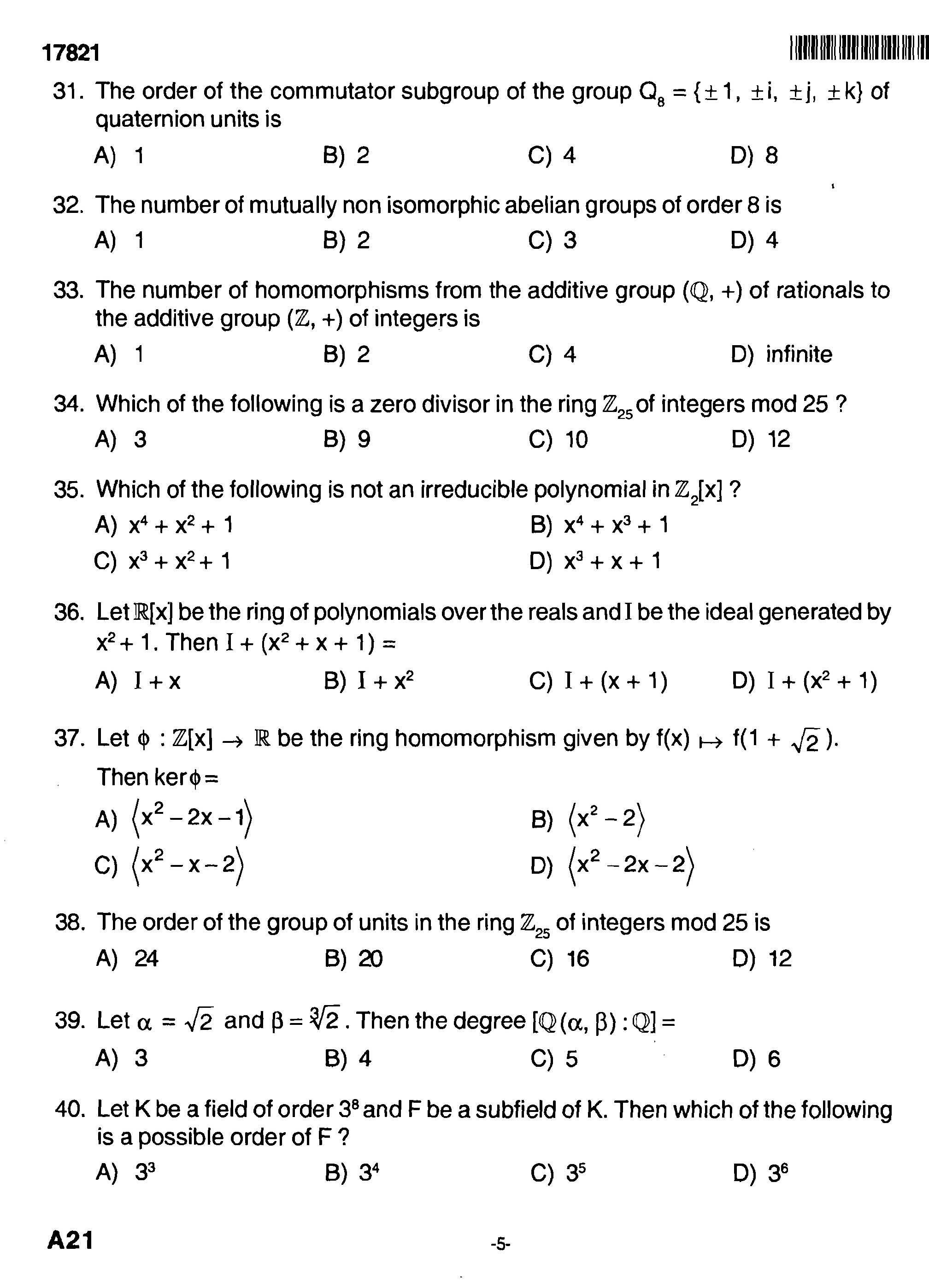 Kerala SET Mathematics Exam 2017 Question Code 17821 A 5