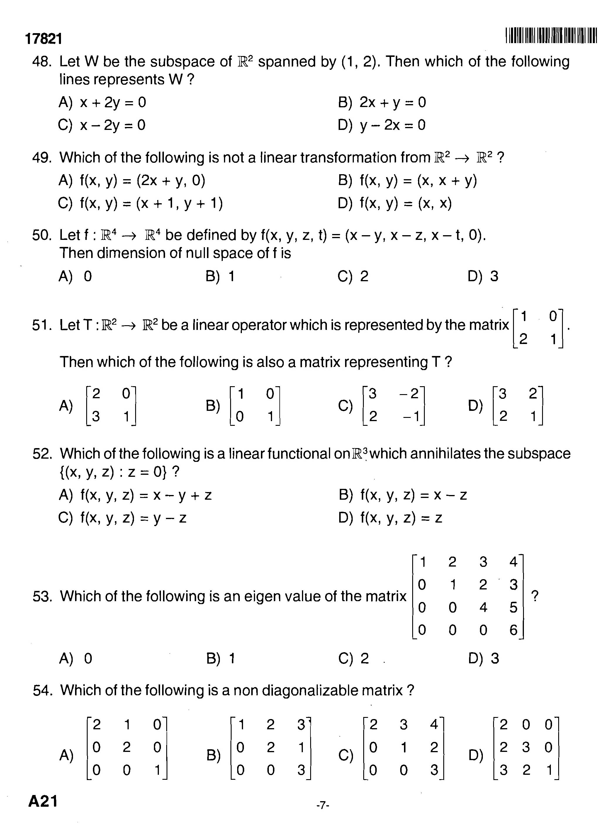 Kerala SET Mathematics Exam 2017 Question Code 17821 A 7