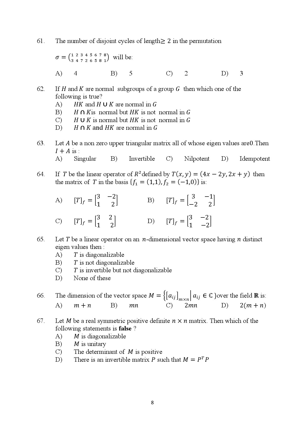 Kerala SET Mathematics Exam Question Paper January 2024 8