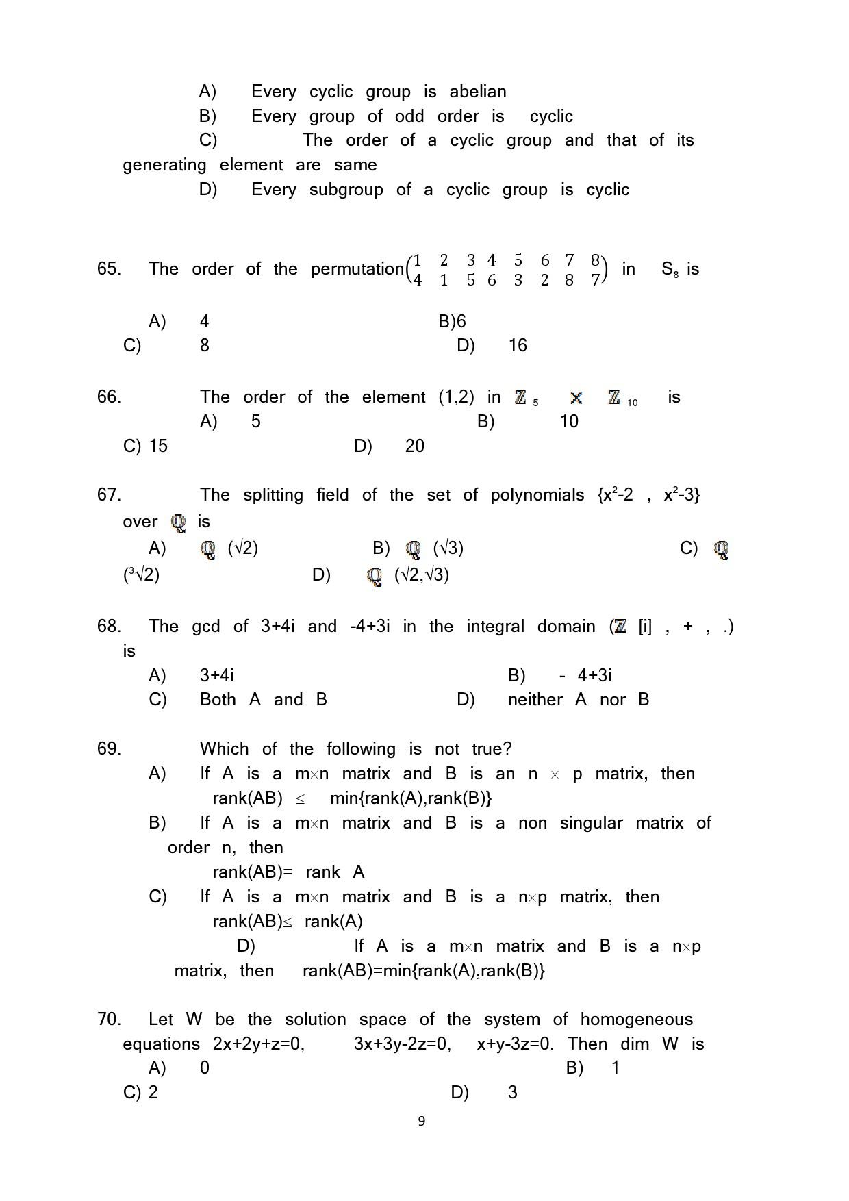 Kerala SET Mathematics Exam Question Paper July 2019 9