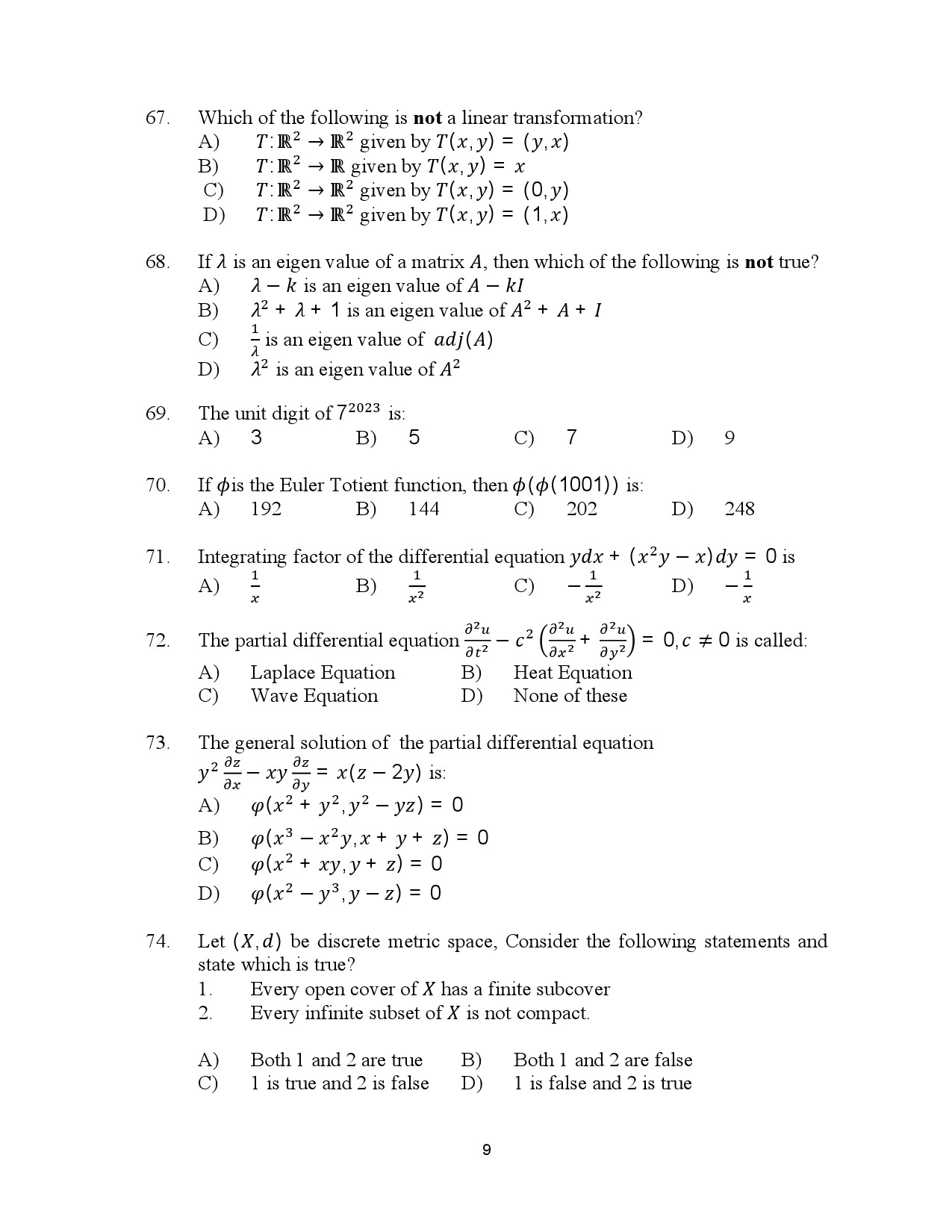 Kerala SET Mathematics Exam Question Paper July 2023 9