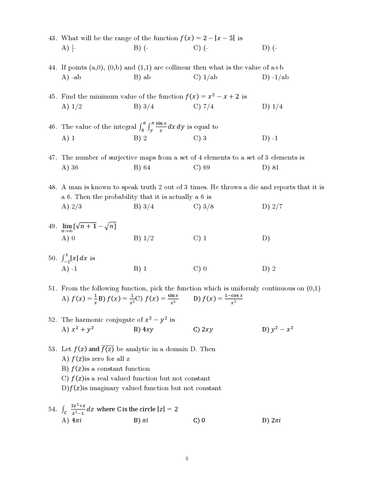 Kerala SET Mathematics Exam Question Paper July 2024 8