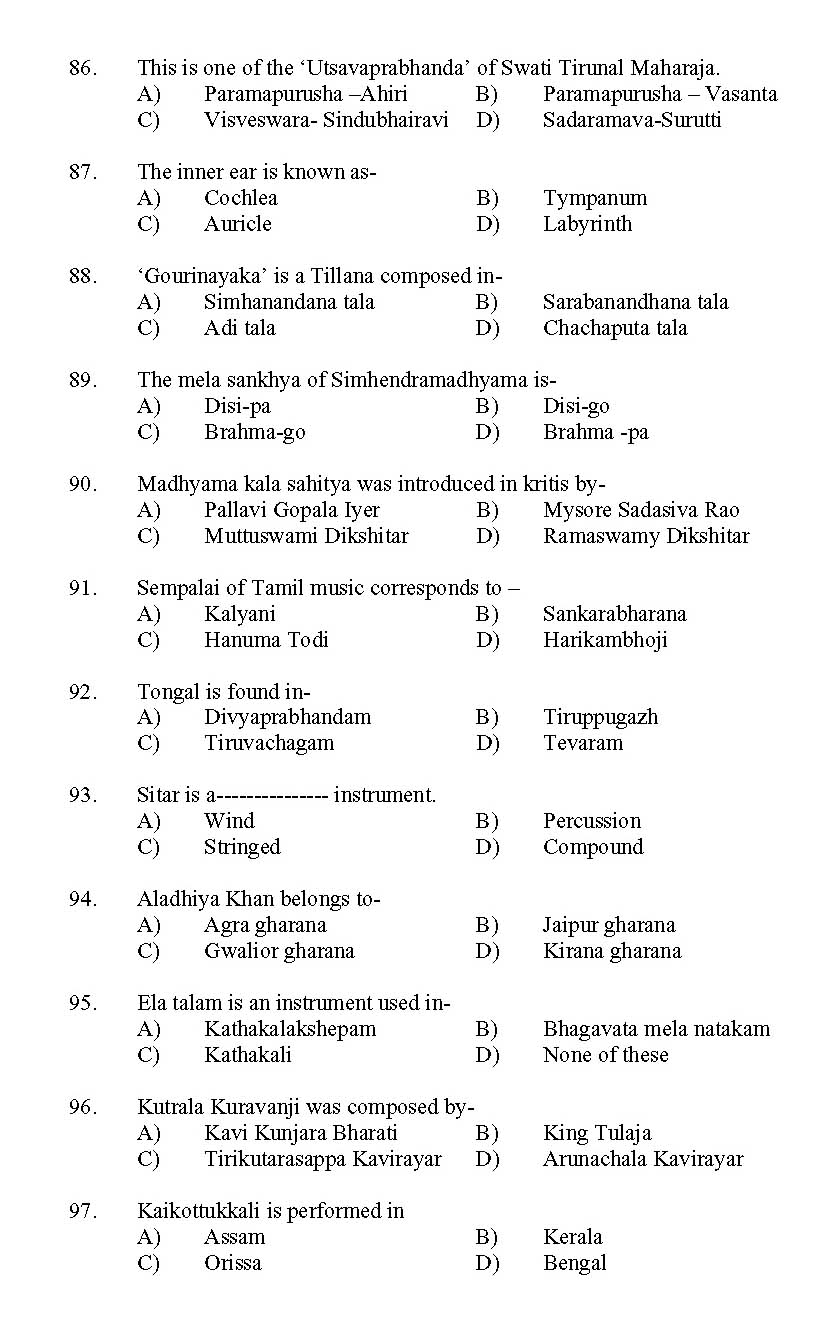 Kerala SET Music Exam 2011 Question Code 91122 8