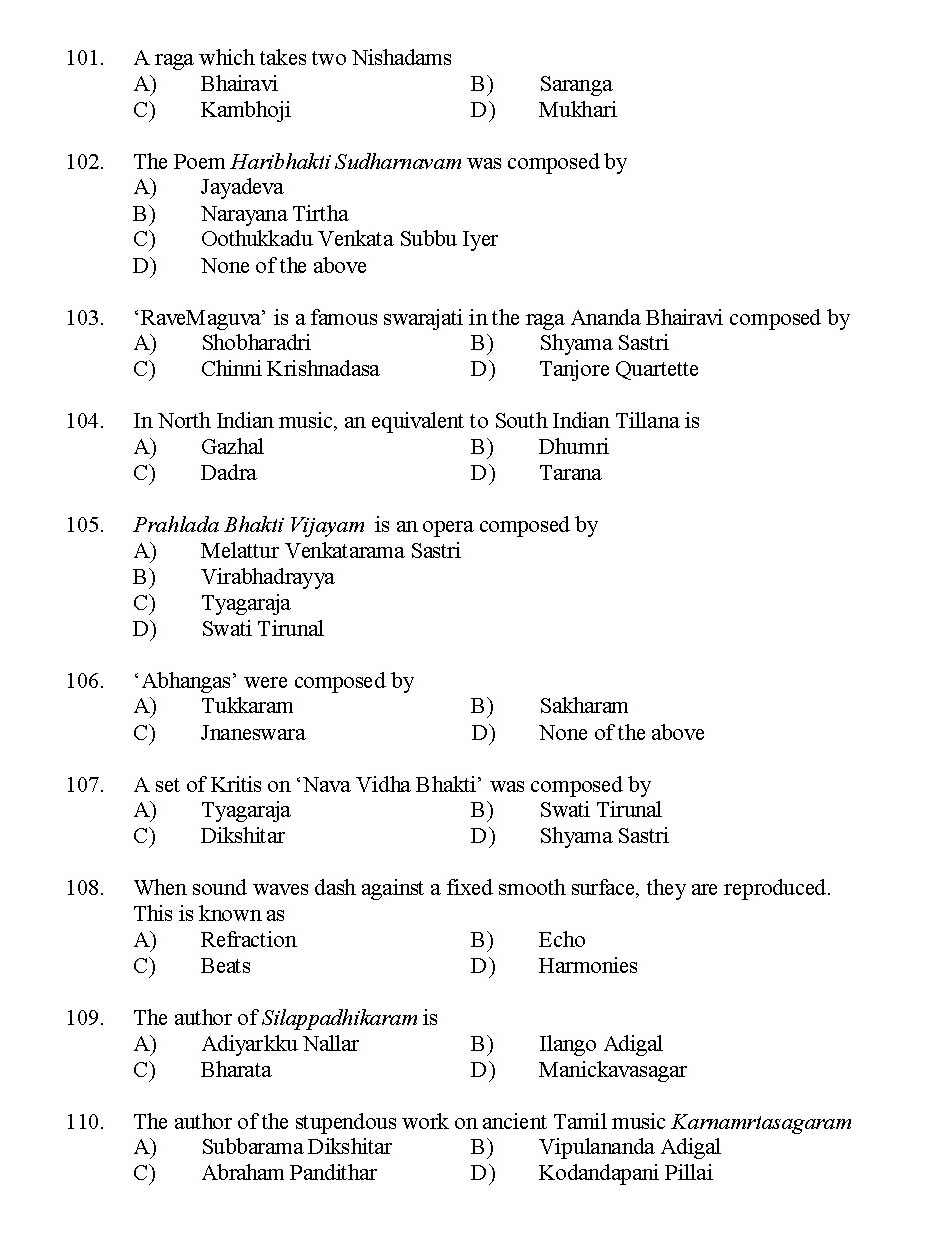 Kerala SET Music Exam 2015 Question Code 15622 10