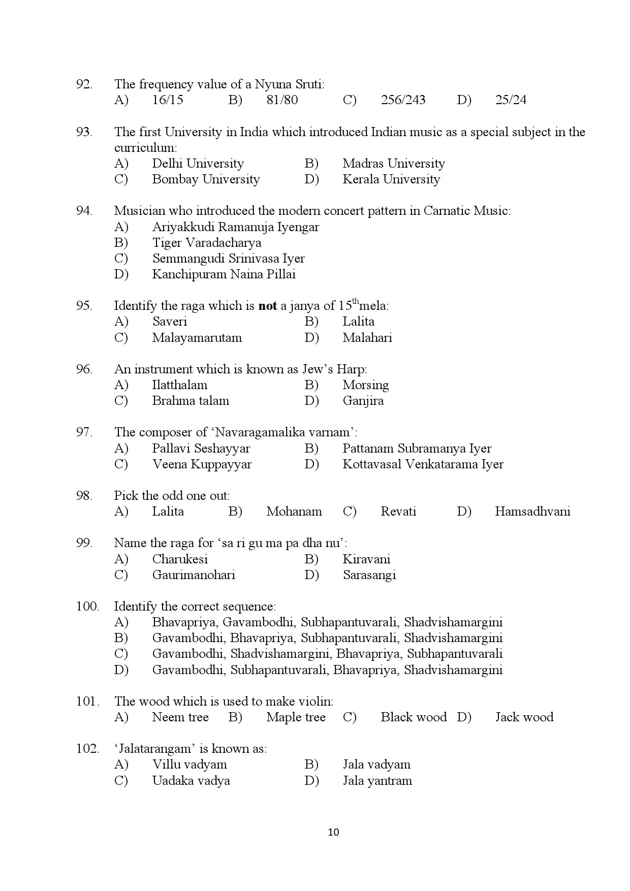 Kerala SET Music Exam Question Paper January 2024 10