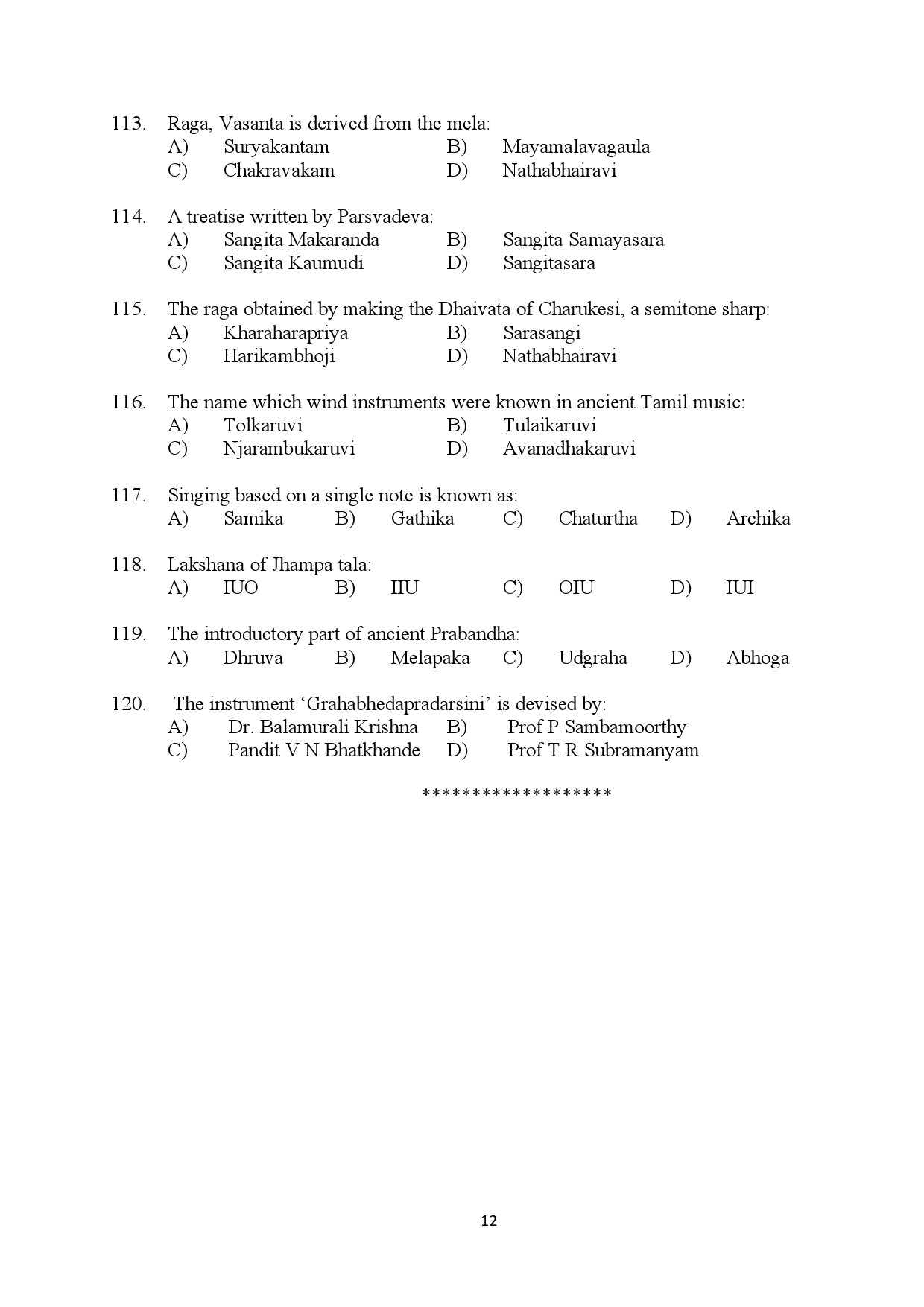 Kerala SET Music Exam Question Paper January 2024 12