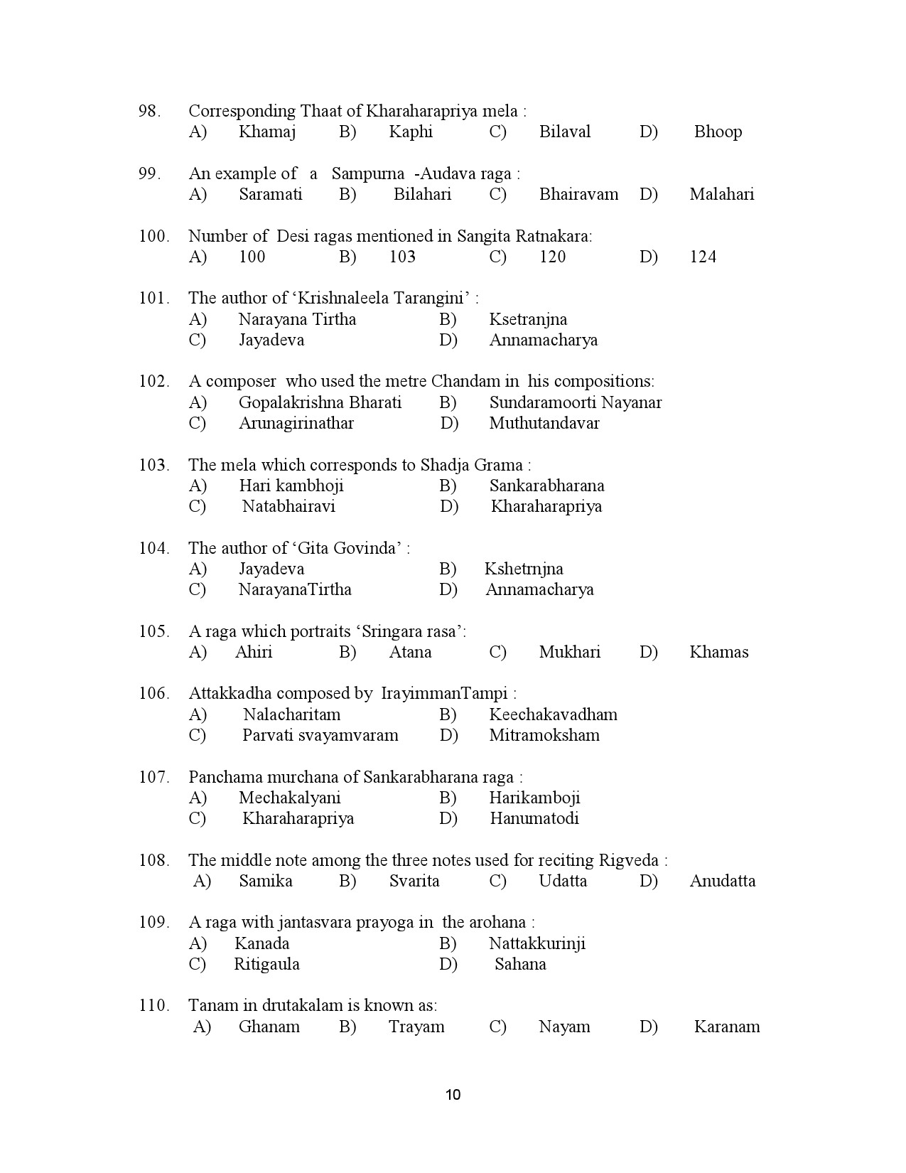 Kerala SET Music Exam Question Paper July 2023 10