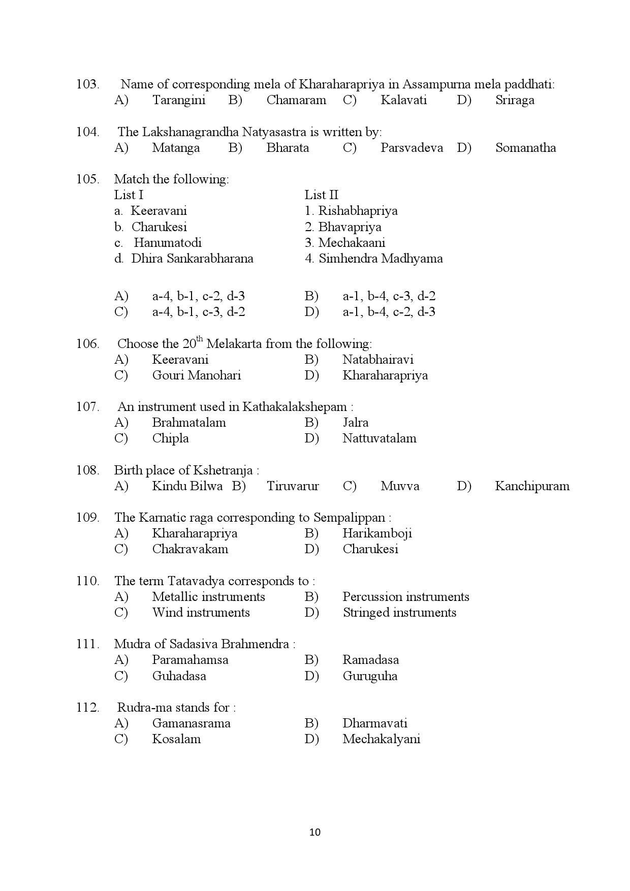 Kerala SET Music Exam Question Paper July 2024 10