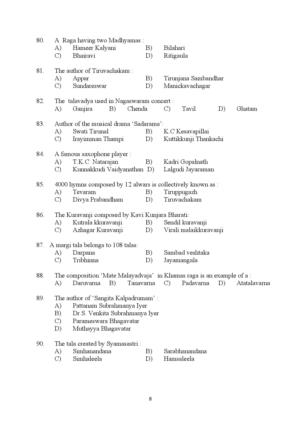 Kerala SET Music Exam Question Paper July 2024 8