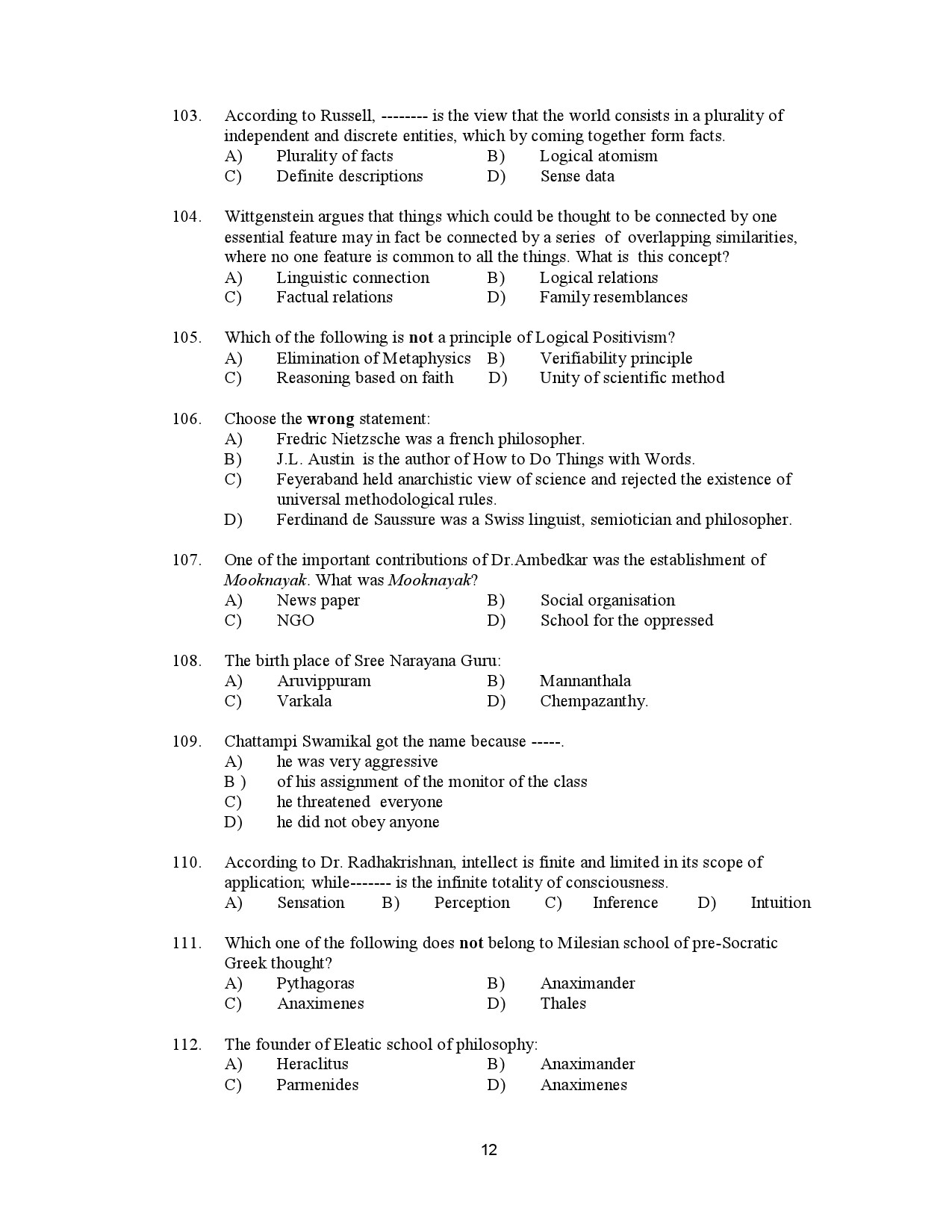 Kerala SET Philosophy Exam Question Paper January 2023 12