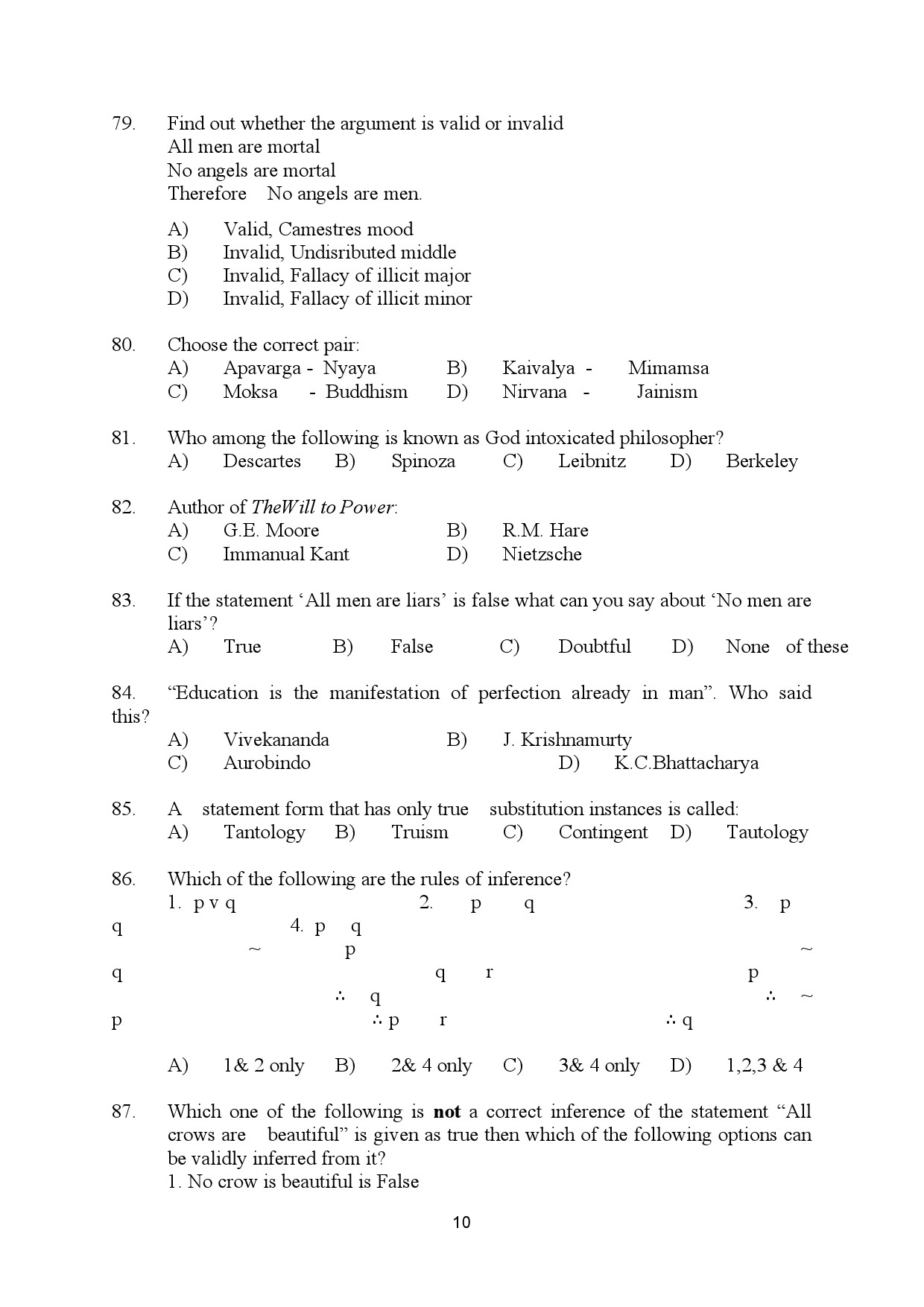 Kerala SET Philosophy Exam Question Paper July 2024 10