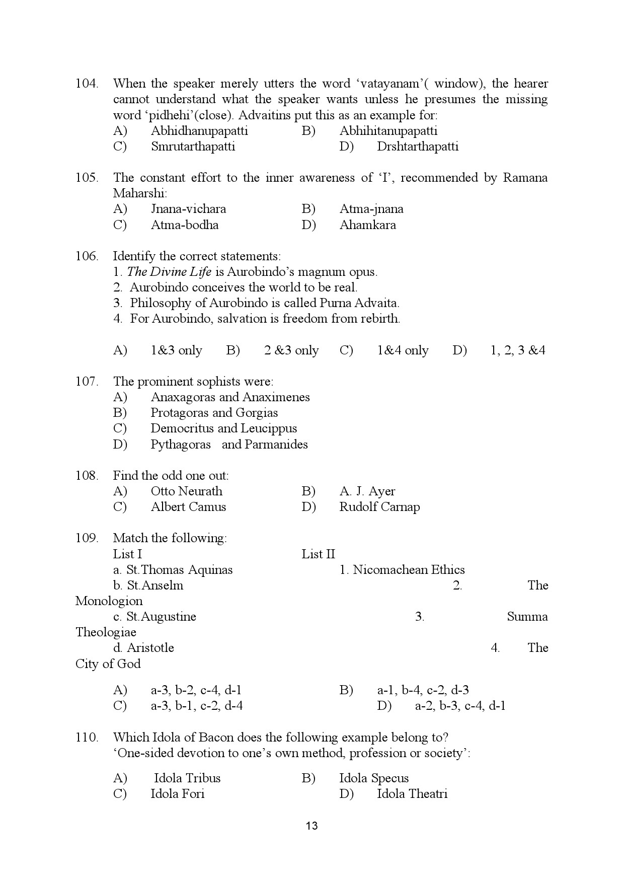 Kerala SET Philosophy Exam Question Paper July 2024 13