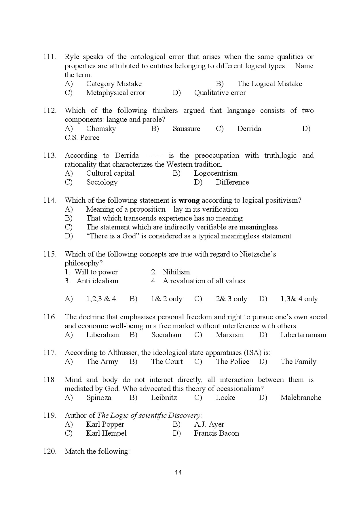 Kerala SET Philosophy Exam Question Paper July 2024 14