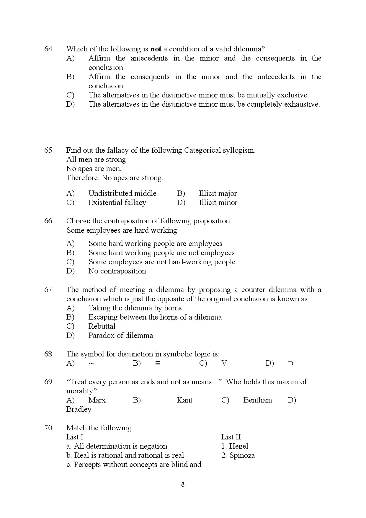 Kerala SET Philosophy Exam Question Paper July 2024 8