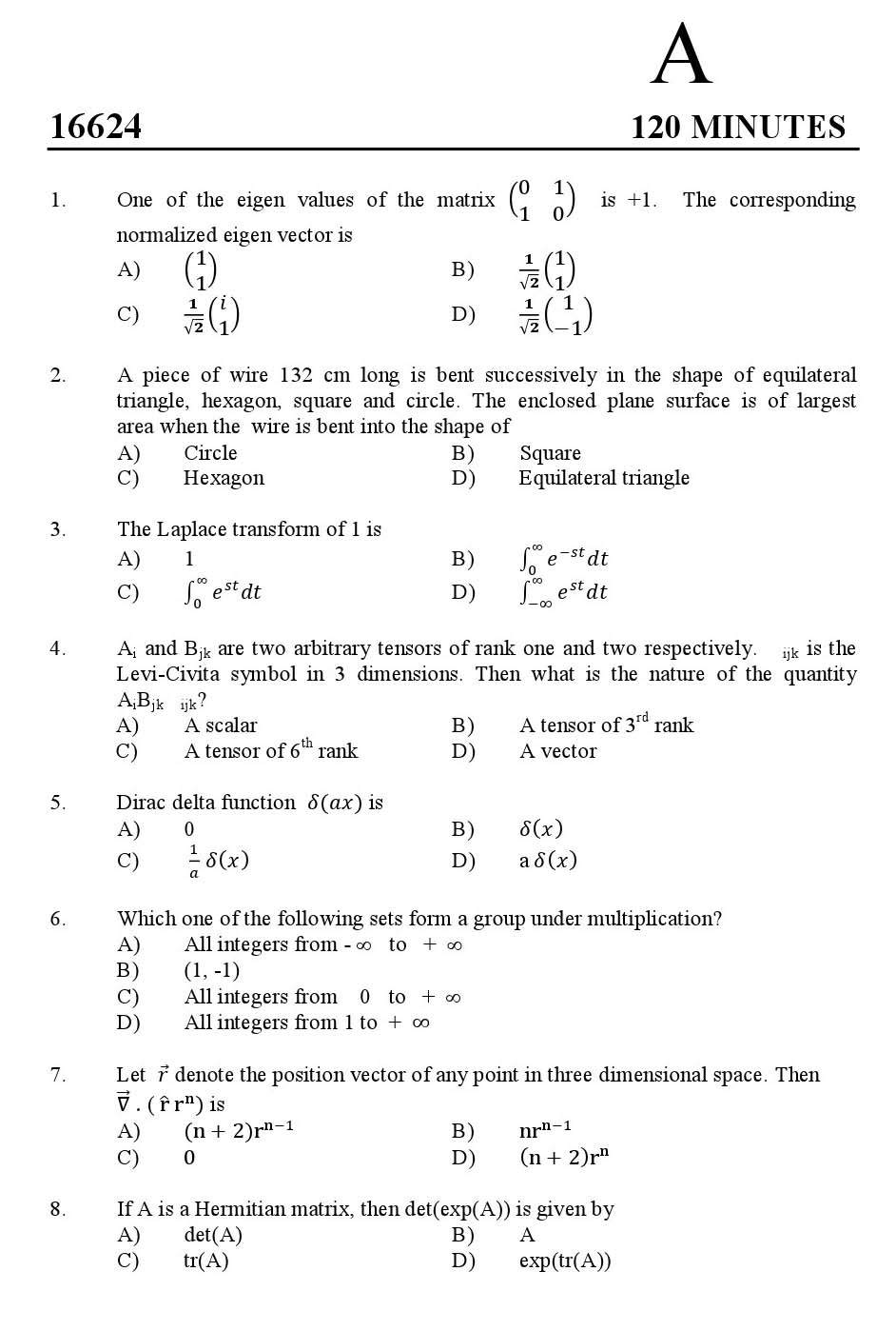 Kerala SET Physics Exam 2016 Question Code 16624 A 1