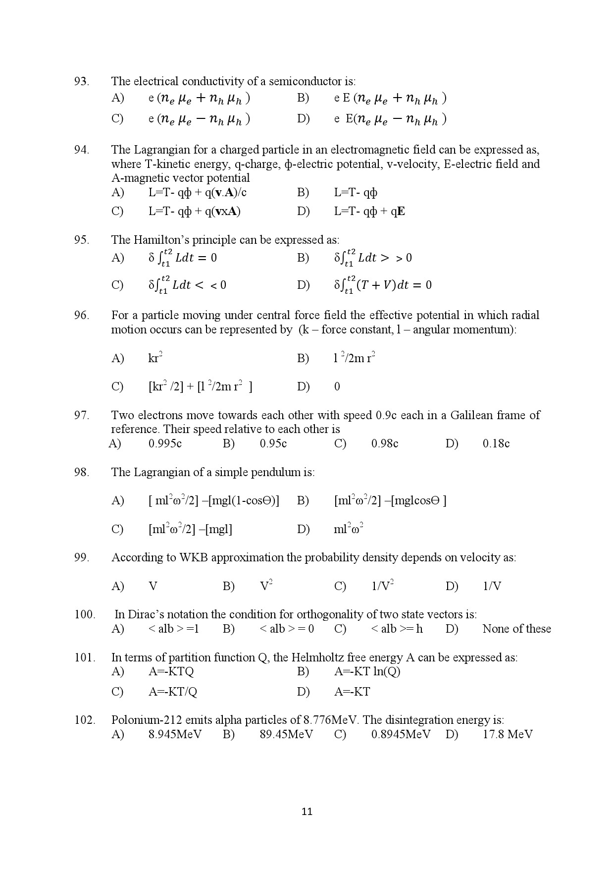 Kerala SET Physics Exam Question Paper February 2020 11