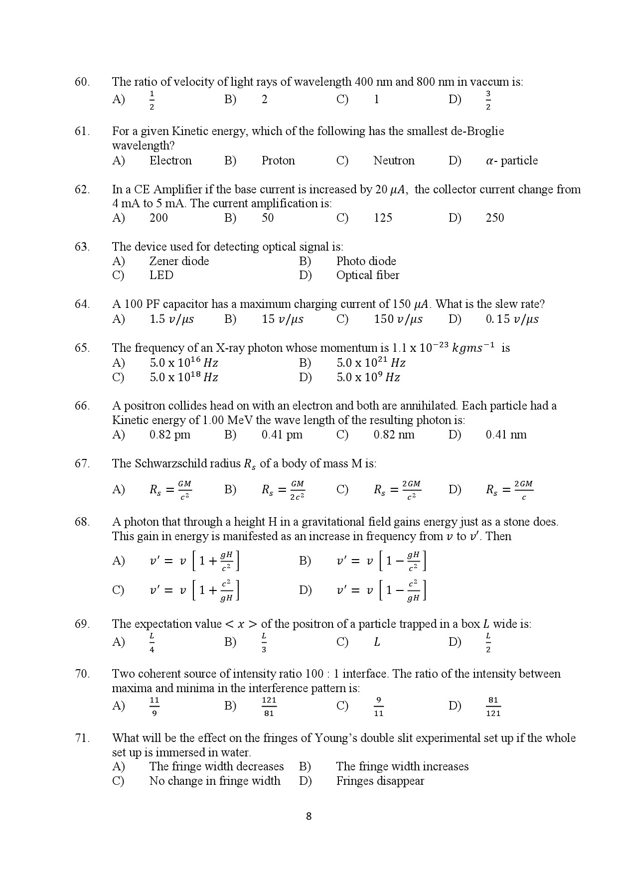 Kerala SET Physics Exam Question Paper February 2020 8