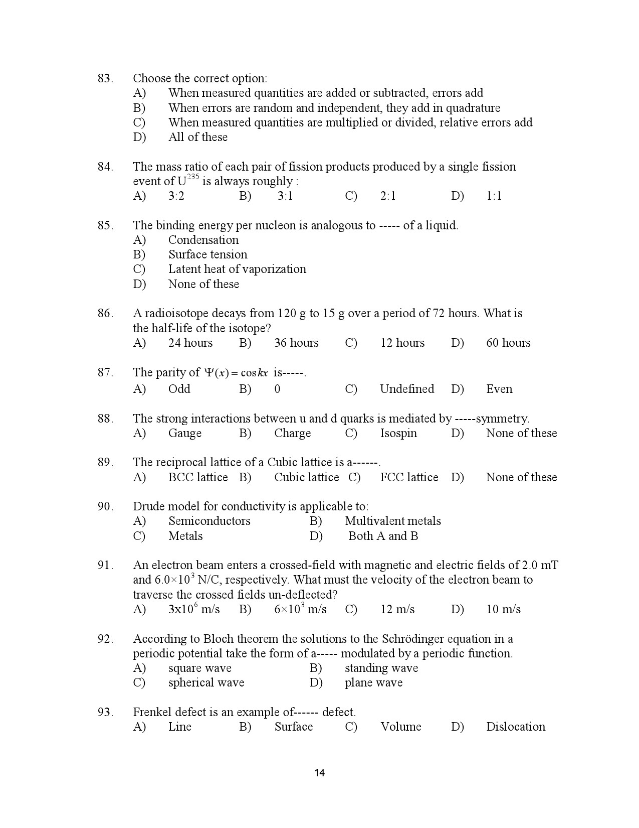 Kerala SET Physics Exam Question Paper January 2023 14