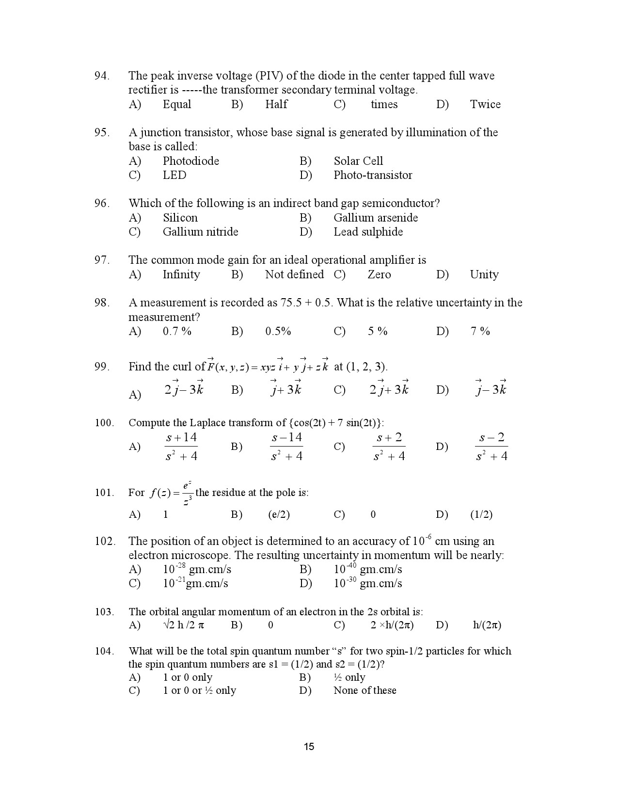 Kerala SET Physics Exam Question Paper January 2023 15