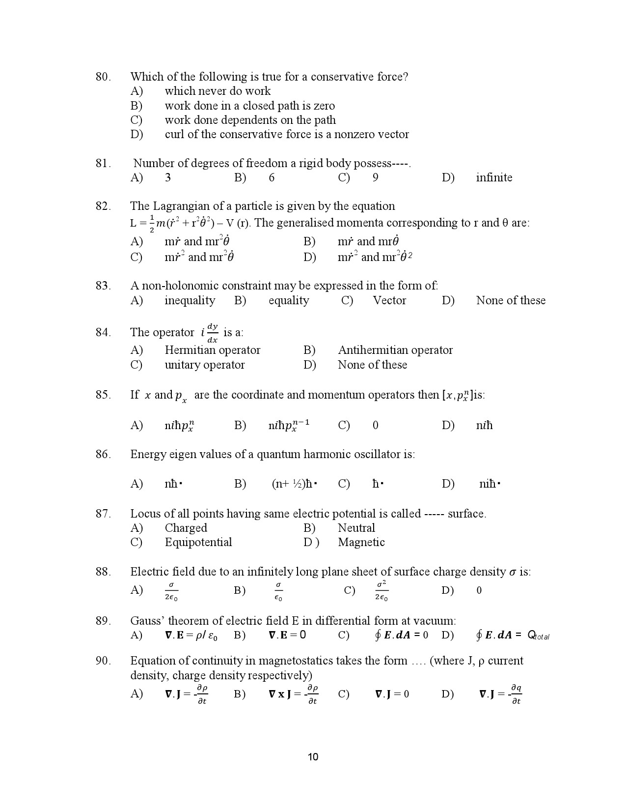 Kerala SET Physics Exam Question Paper July 2023 10