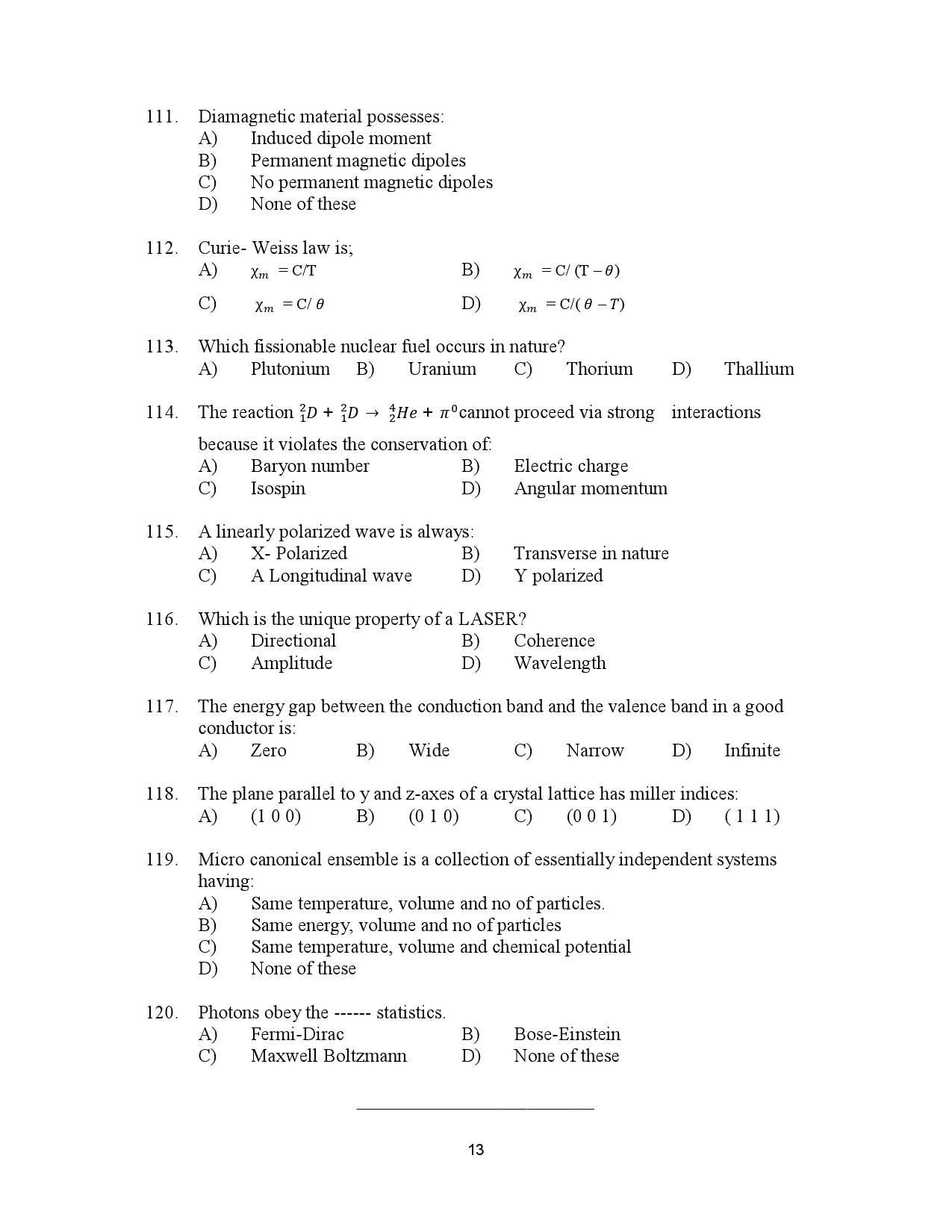 Kerala SET Physics Exam Question Paper July 2023 13