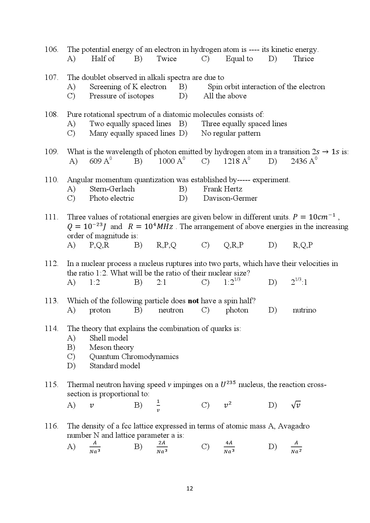 Kerala SET Physics Exam Question Paper July 2024 12