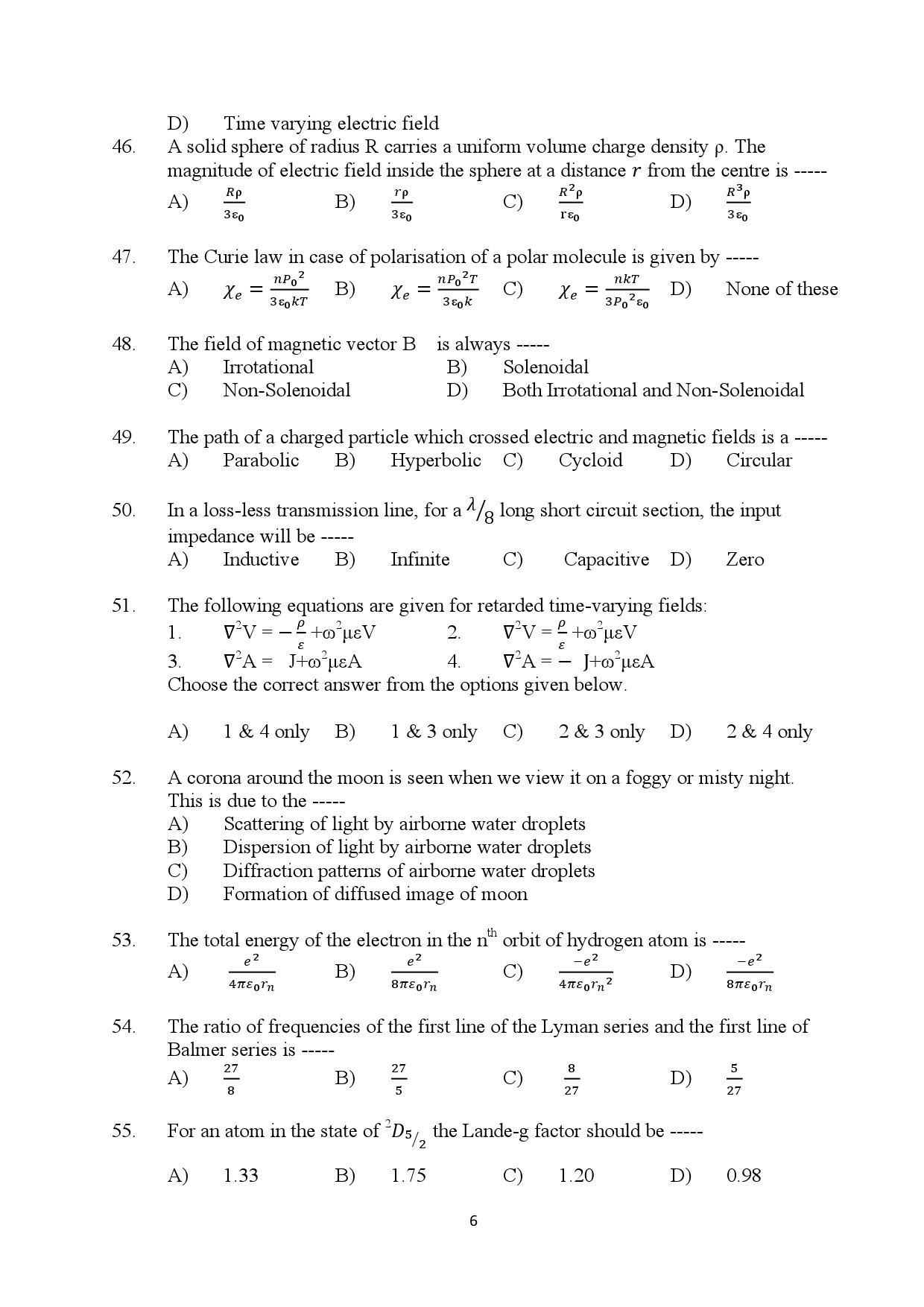 Kerala SET Physics Exam Question Paper July 2024 6