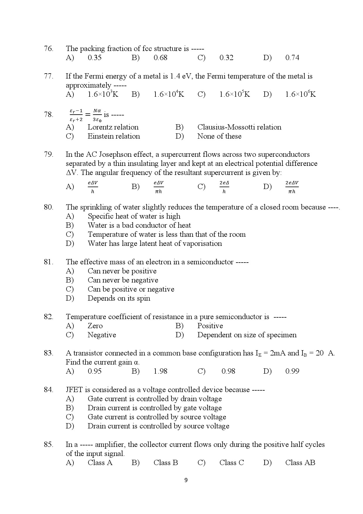 Kerala SET Physics Exam Question Paper July 2024 9