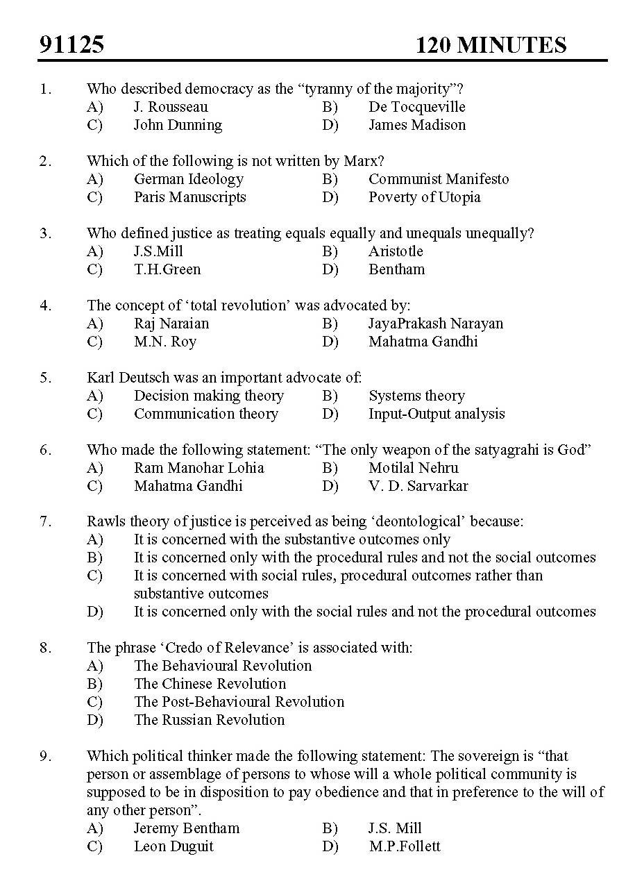 Kerala SET Political Science Exam 2011 Question Code 91125 1