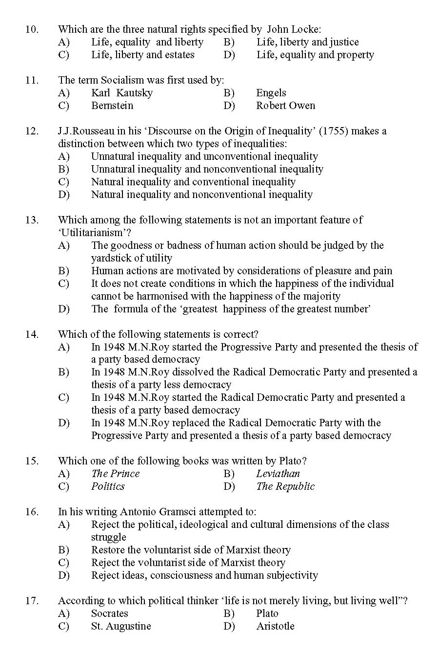 Kerala SET Political Science Exam 2011 Question Code 91125 2
