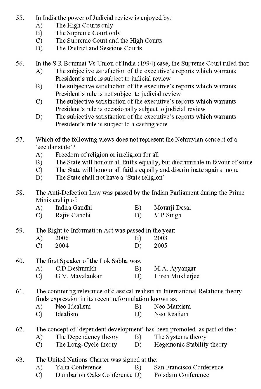 Kerala SET Political Science Exam 2011 Question Code 91125 8