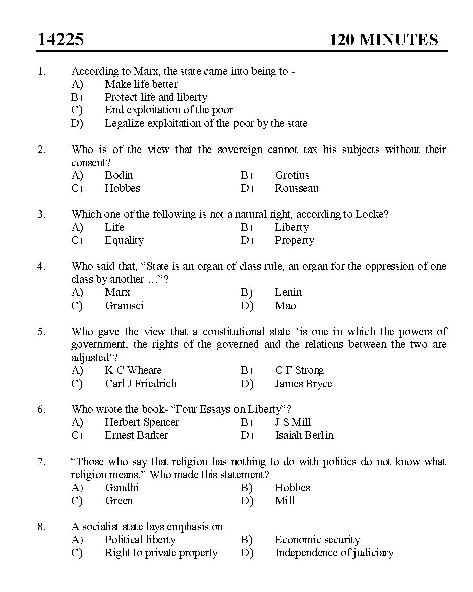 Kerala SET Political Science Exam 2014 Question Code 14225