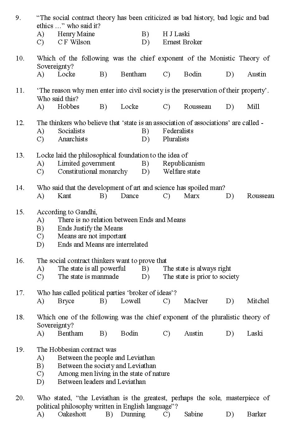 Kerala SET Political Science Exam 2014 Question Code 14225 2