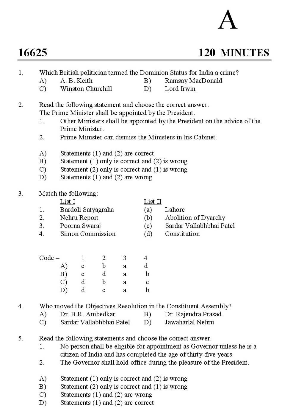 Kerala SET Political Science Exam 2016 Question Code 16625 A 1