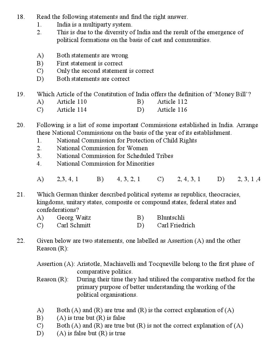 Kerala SET Political Science Exam 2016 Question Code 16625 A 4