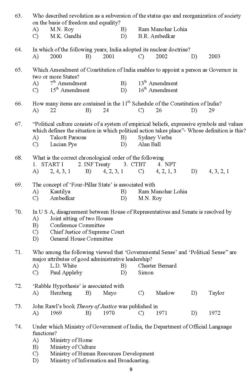 Kerala SET Political Science Exam 2017 Question Code 17225 A 9
