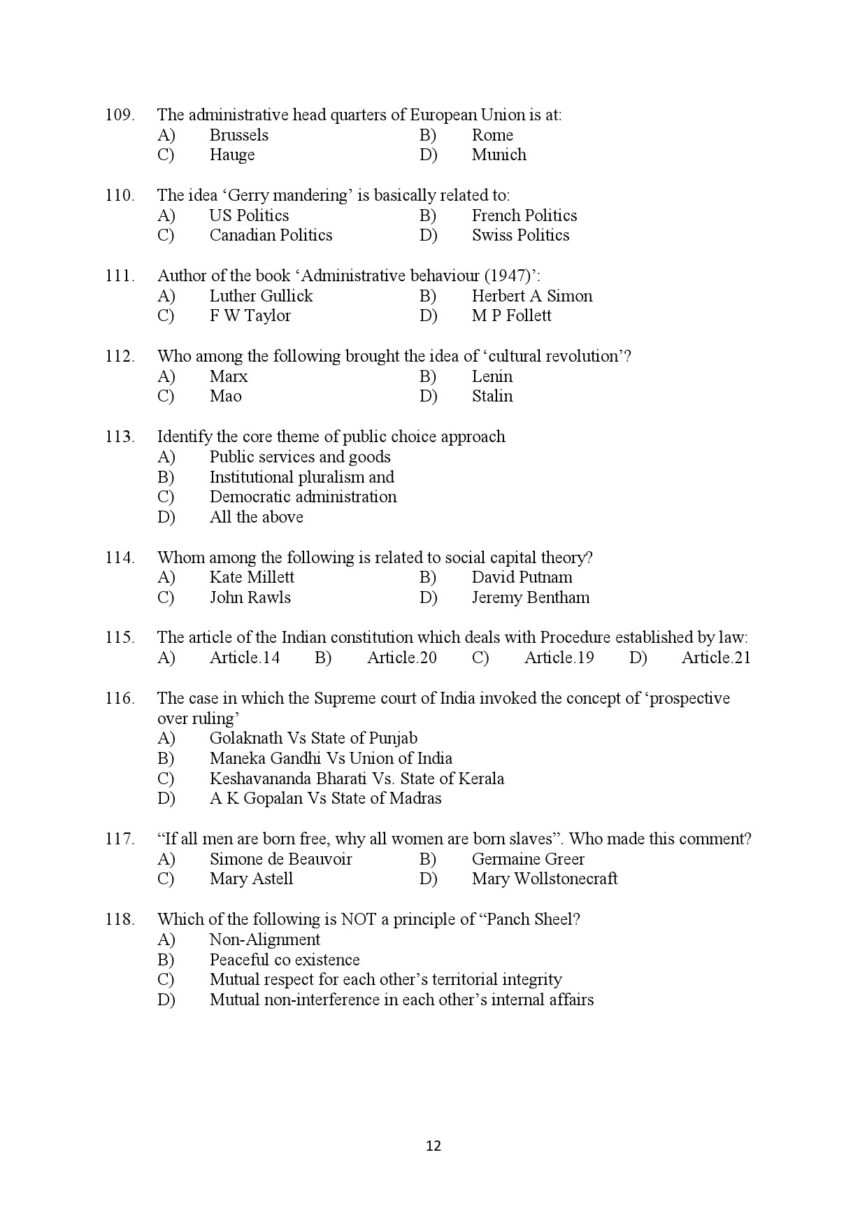 Kerala SET Political Science Exam Question Paper February 2020 12