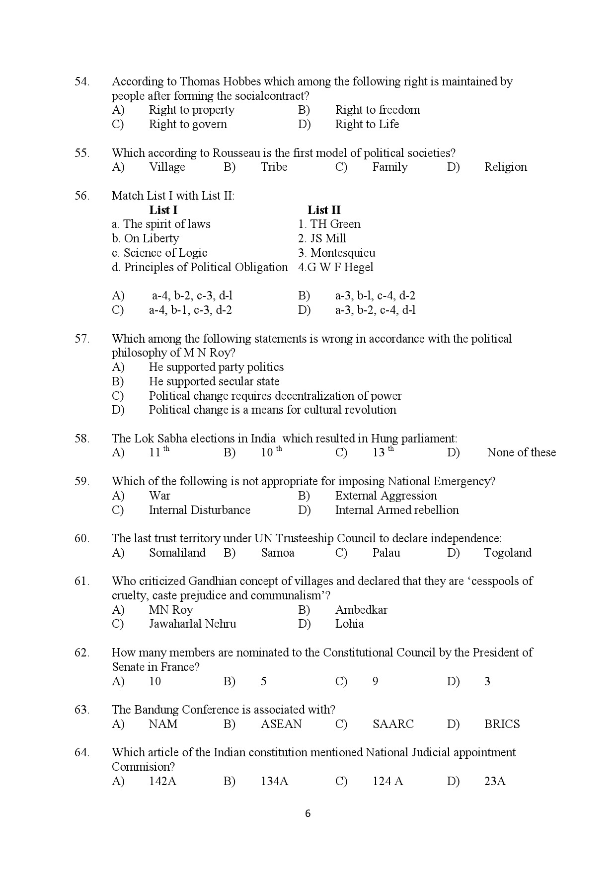 Kerala SET Political Science Exam Question Paper February 2020 6