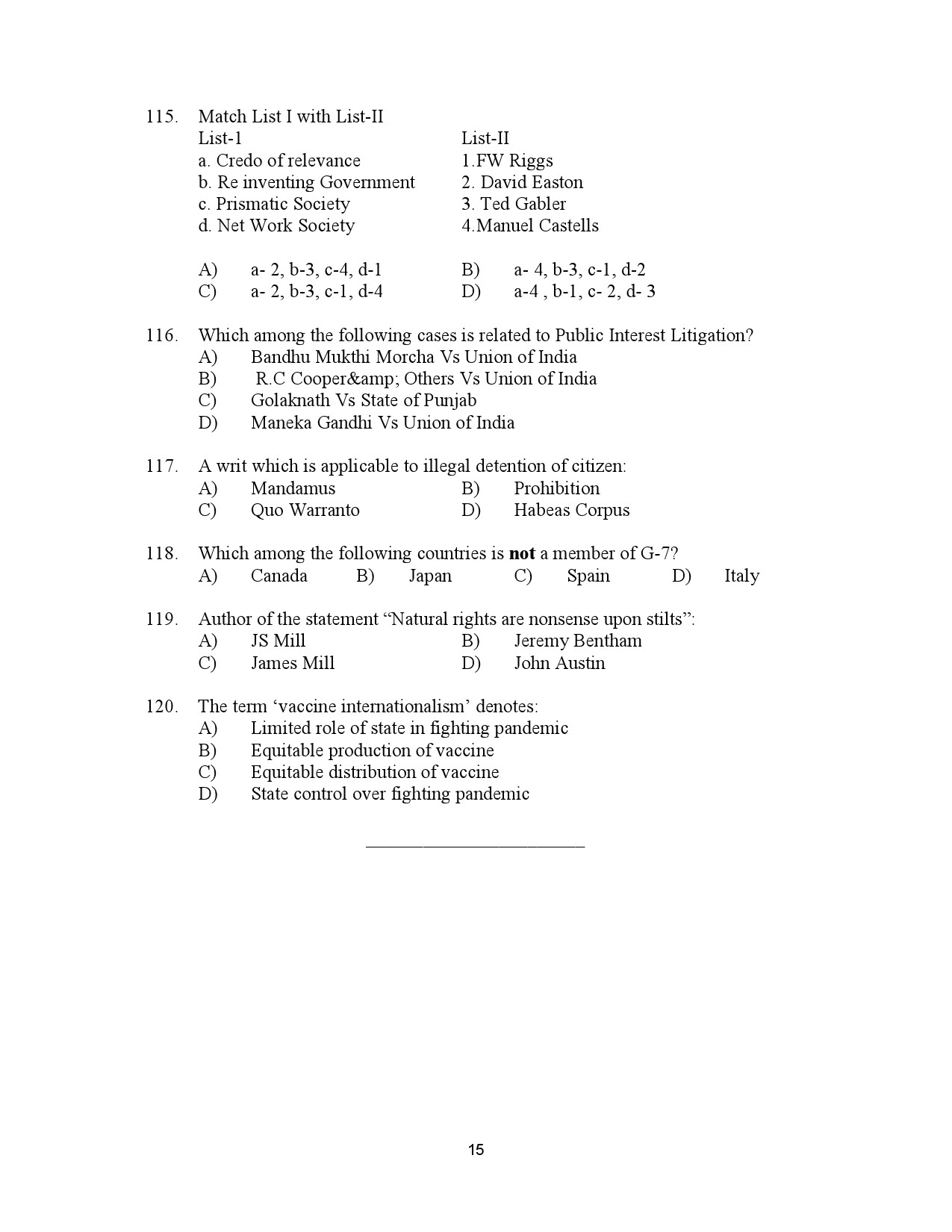 Kerala SET Political Science Exam Question Paper January 2023 15